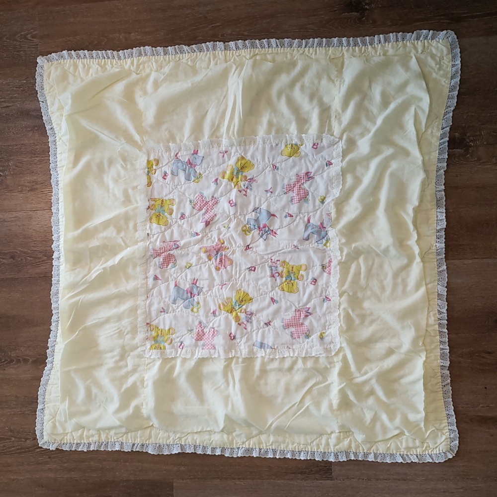 Vintage 80s Yellow Floral Baby Blanket with Lace Eyelet Trim Handstitched Retro